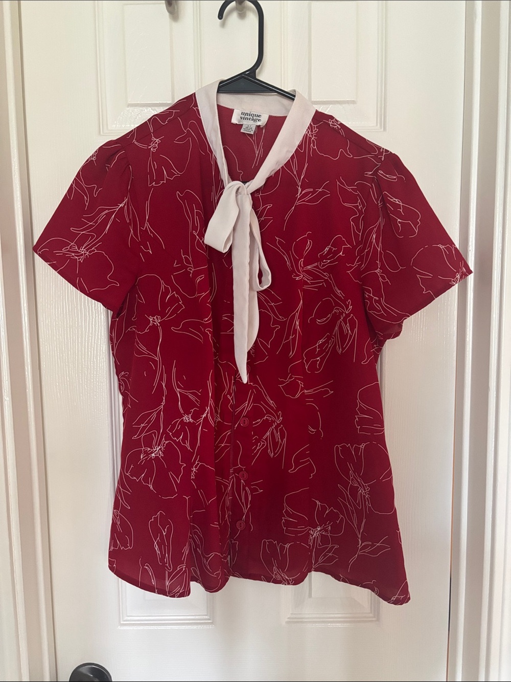 Unique Vintage red blouse with white tie-neck Sz 10/12
